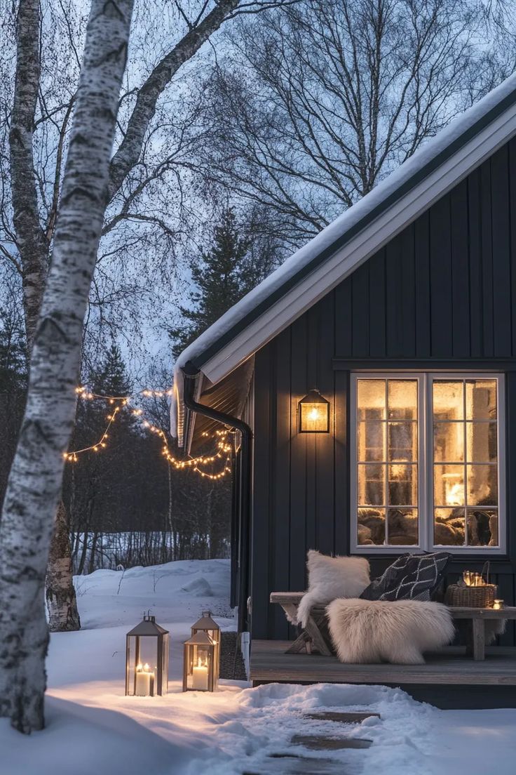 Mørkt trehus en vinterkveld med lys i vinduene