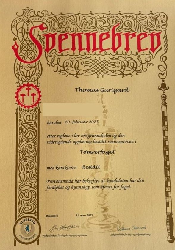 Svennebrev i tømrerfaget for Thomas Gurigard, bestått 2025